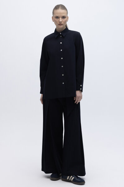 Beli Kuşaklı Bol Paça Pantolon Lacivert - 1