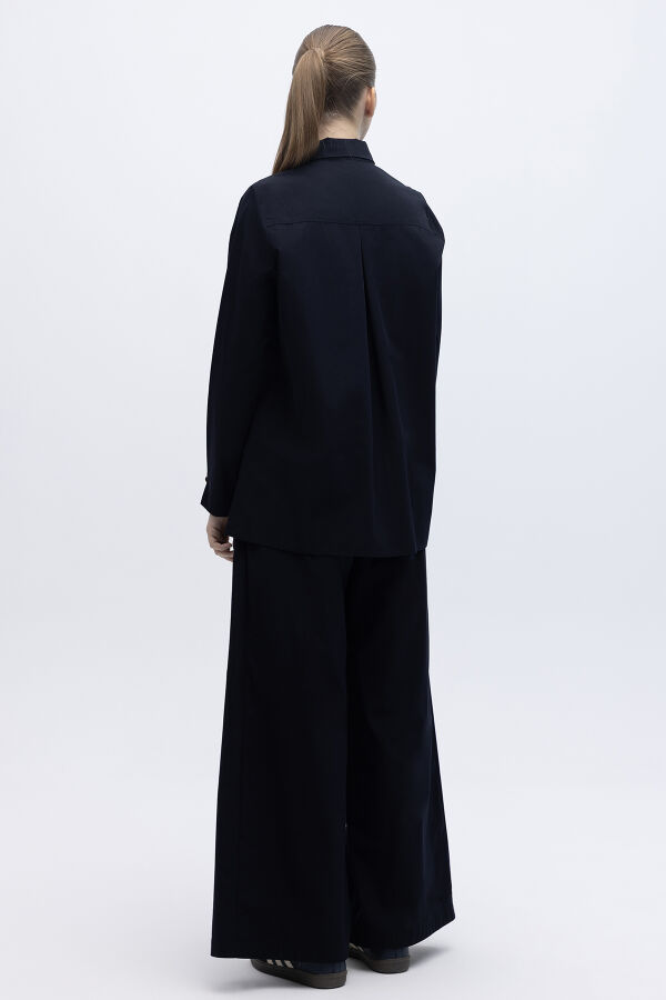 Beli Kuşaklı Bol Paça Pantolon Lacivert - 2