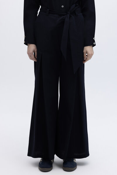 Beli Kuşaklı Bol Paça Pantolon Lacivert - 3