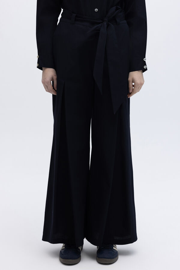 Beli Kuşaklı Bol Paça Pantolon Lacivert - 3