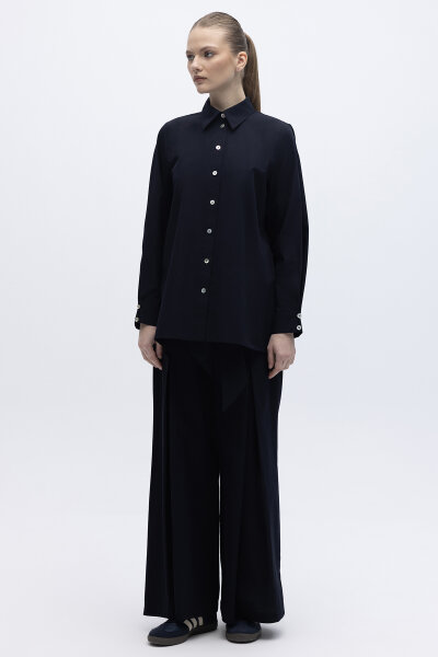 Beli Kuşaklı Bol Paça Pantolon Lacivert - 5