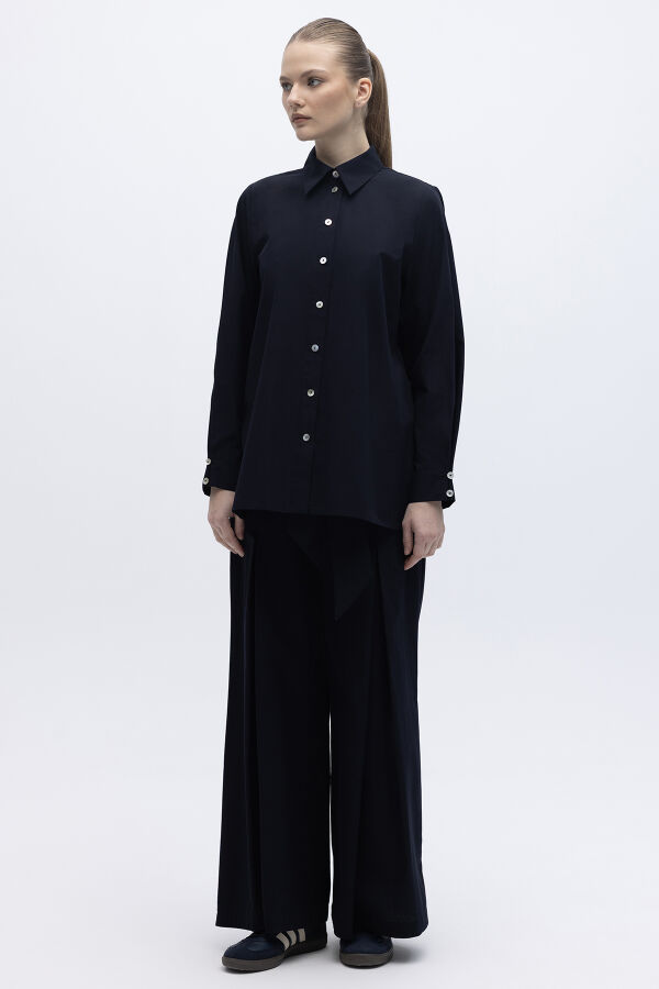 Beli Kuşaklı Bol Paça Pantolon Lacivert - 5