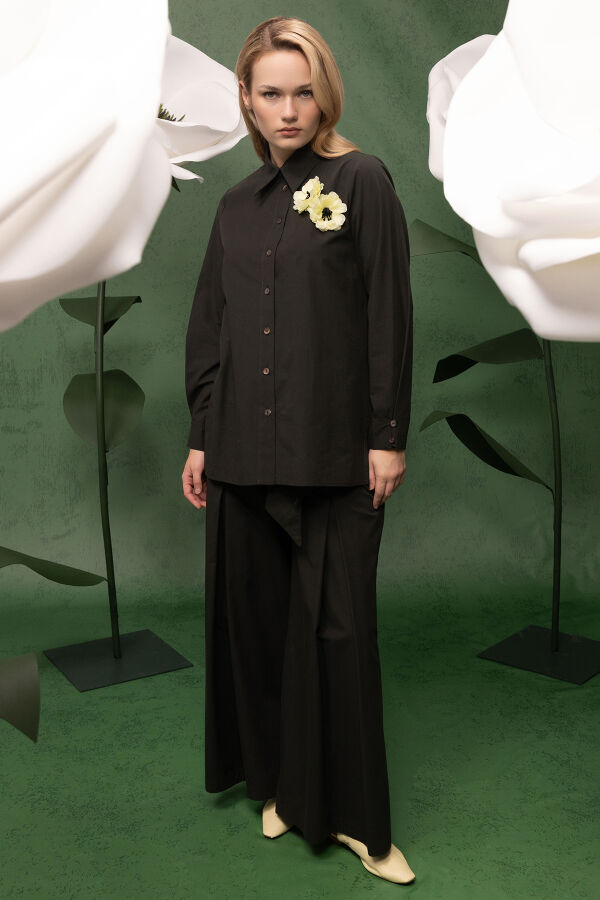 Beli Kuşaklı Bol Paça Pantolon Haki - 1