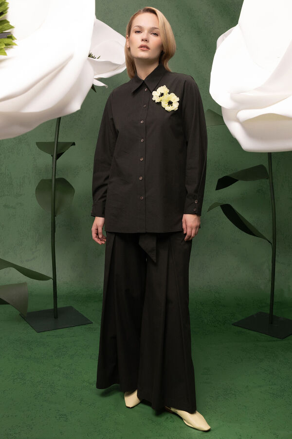 Beli Kuşaklı Bol Paça Pantolon Haki - 3