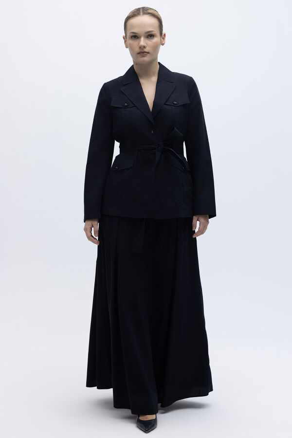 Beli Kuşaklı Cepli Poplin Ceket Siyah - 1