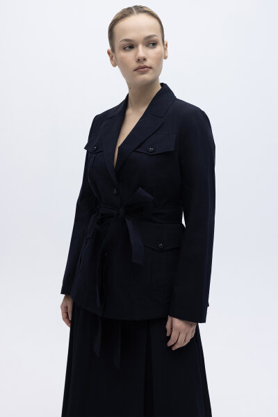 Beli Kuşaklı Cepli Poplin Ceket Siyah - 2