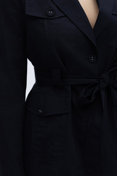 Beli Kuşaklı Cepli Poplin Ceket Siyah - 3