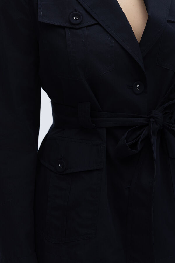 Beli Kuşaklı Cepli Poplin Ceket Siyah - 3