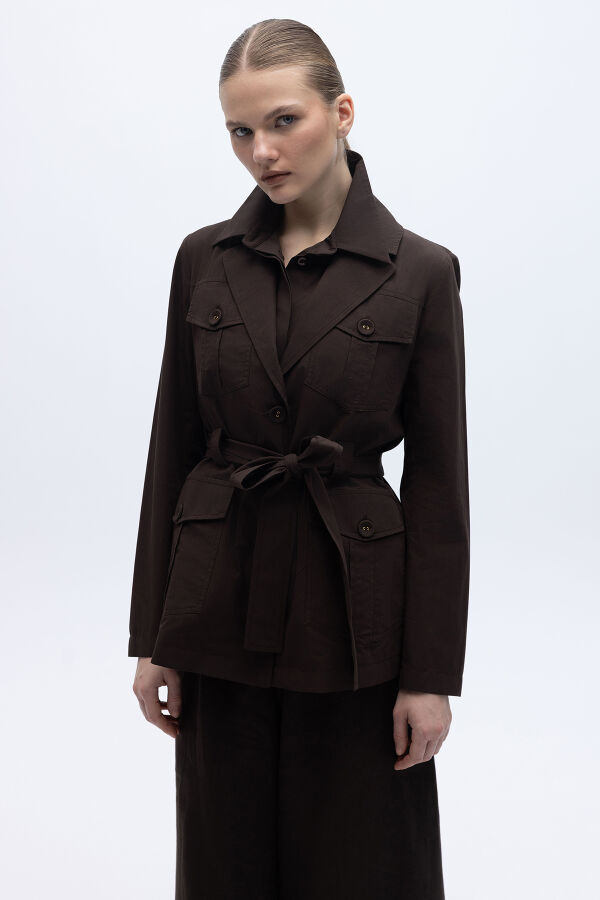 Beli Kuşaklı Cepli Poplin Ceket Kahverengi - 1