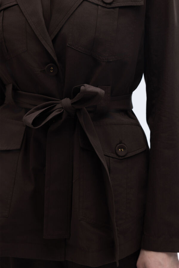 Beli Kuşaklı Cepli Poplin Ceket Kahverengi - 2