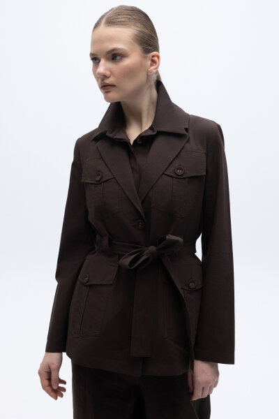 Beli Kuşaklı Cepli Poplin Ceket Kahverengi - 3