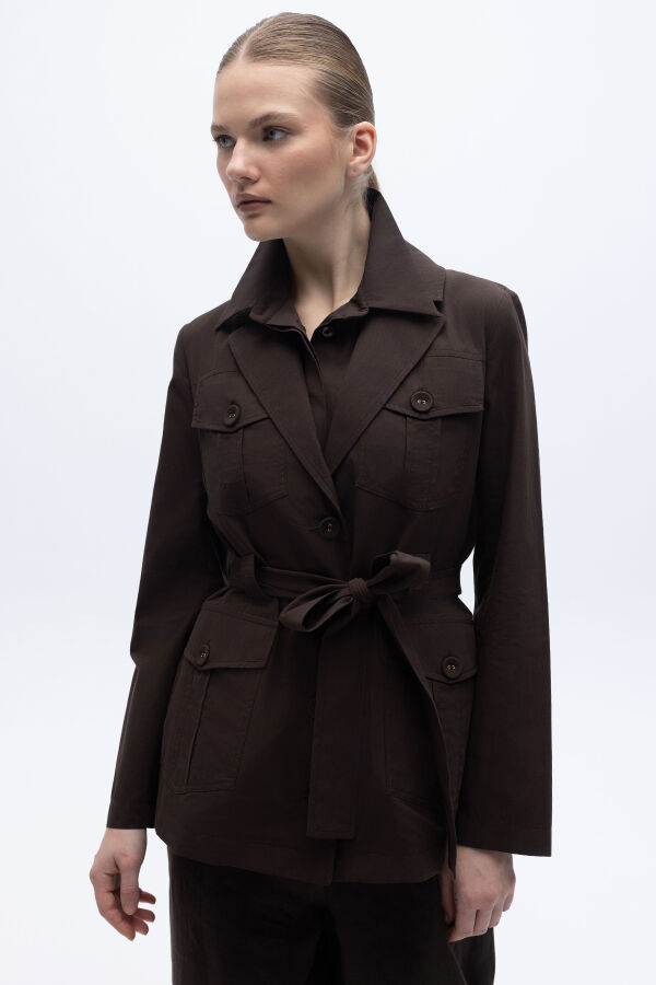 Beli Kuşaklı Cepli Poplin Ceket Kahverengi - 3