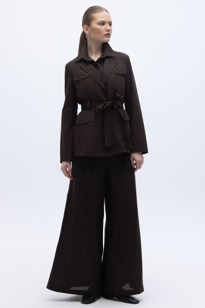 Beli Kuşaklı Cepli Poplin Ceket Kahverengi - 4