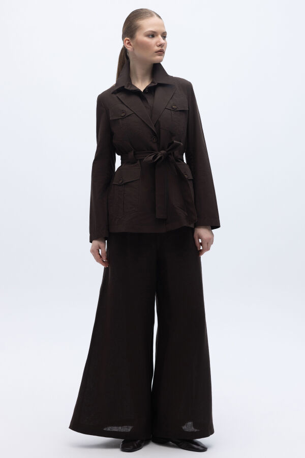 Beli Kuşaklı Cepli Poplin Ceket Kahverengi - 4