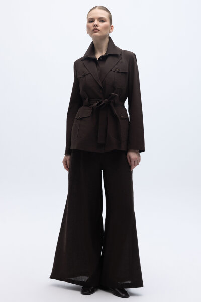 Beli Kuşaklı Cepli Poplin Ceket Kahverengi - 5