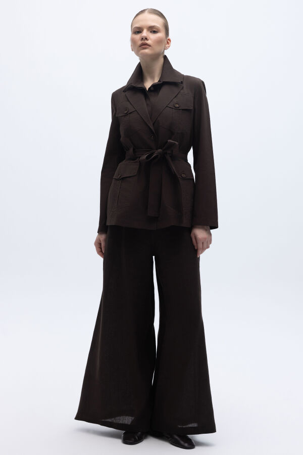 Beli Kuşaklı Cepli Poplin Ceket Kahverengi - 5