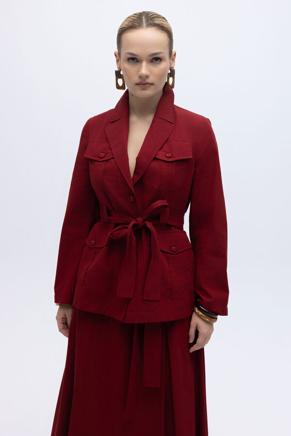 Beli Kuşaklı Cepli Poplin Ceket Cherry - 1