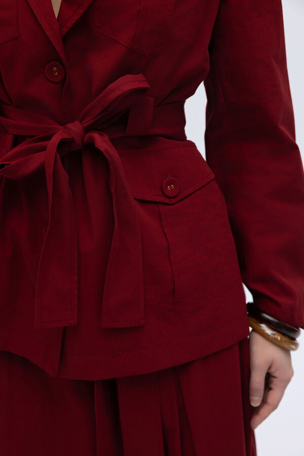 Beli Kuşaklı Cepli Poplin Ceket Cherry - 2