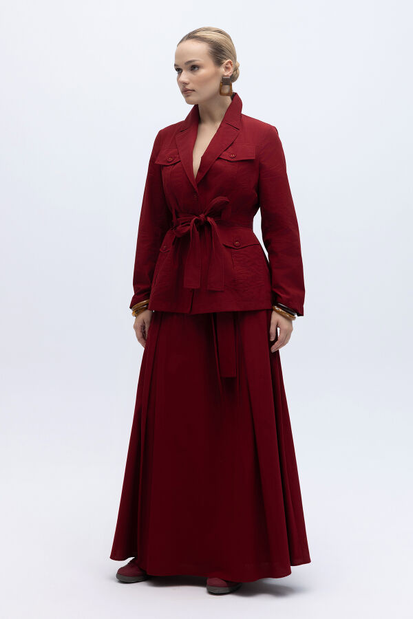 Beli Kuşaklı Cepli Poplin Ceket Cherry - 5