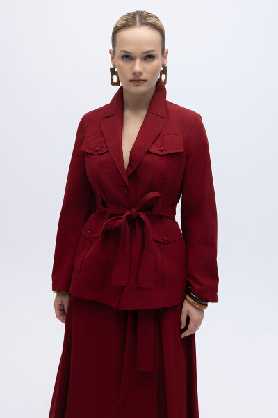 Beli Kuşaklı Cepli Poplin Ceket Cherry 