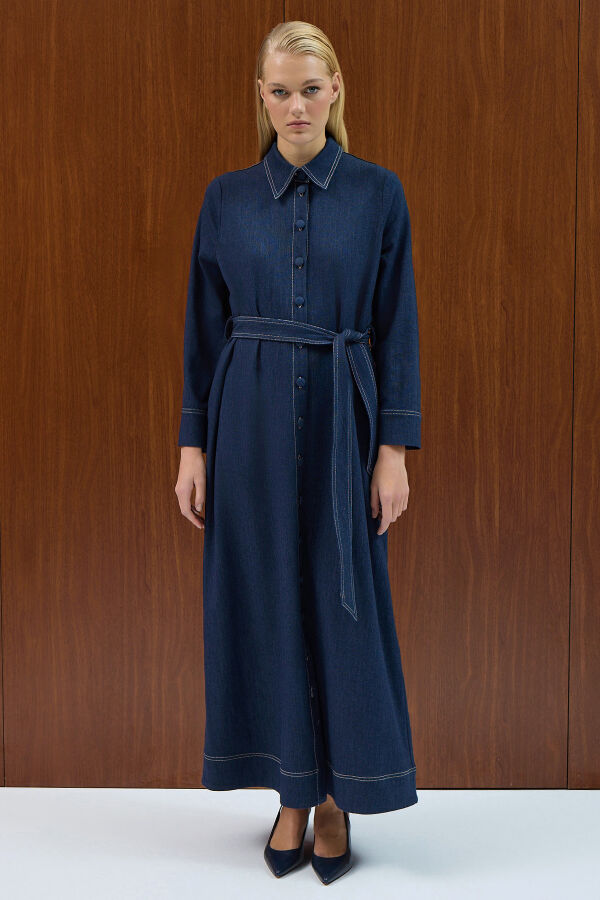 Beli Kuşaklı Denim Gömlek Elbise Navy - 1