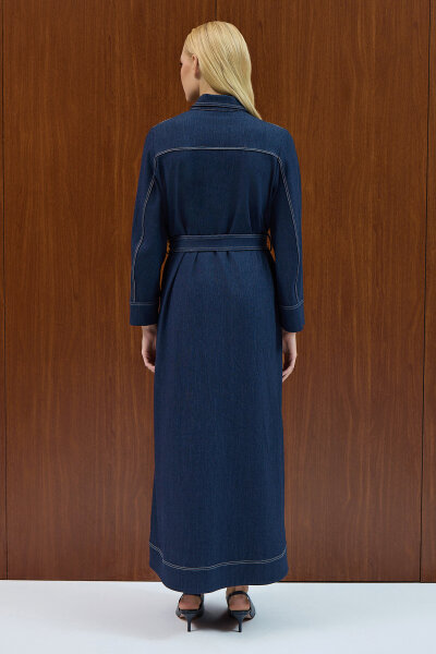 Beli Kuşaklı Denim Gömlek Elbise Navy - 4