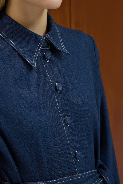 Beli Kuşaklı Denim Gömlek Elbise Navy - 2