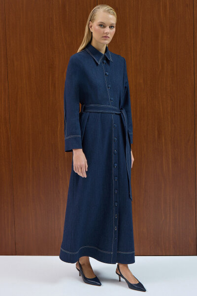 Beli Kuşaklı Denim Gömlek Elbise Navy - 3