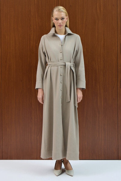 Beli Kuşaklı Denim Gömlek Elbise Stone 