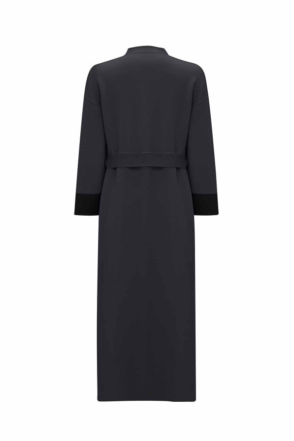 T26K-9000 Beli Kuşaklı Mendil Yaka Hırka VATE-DARK GREY - 2