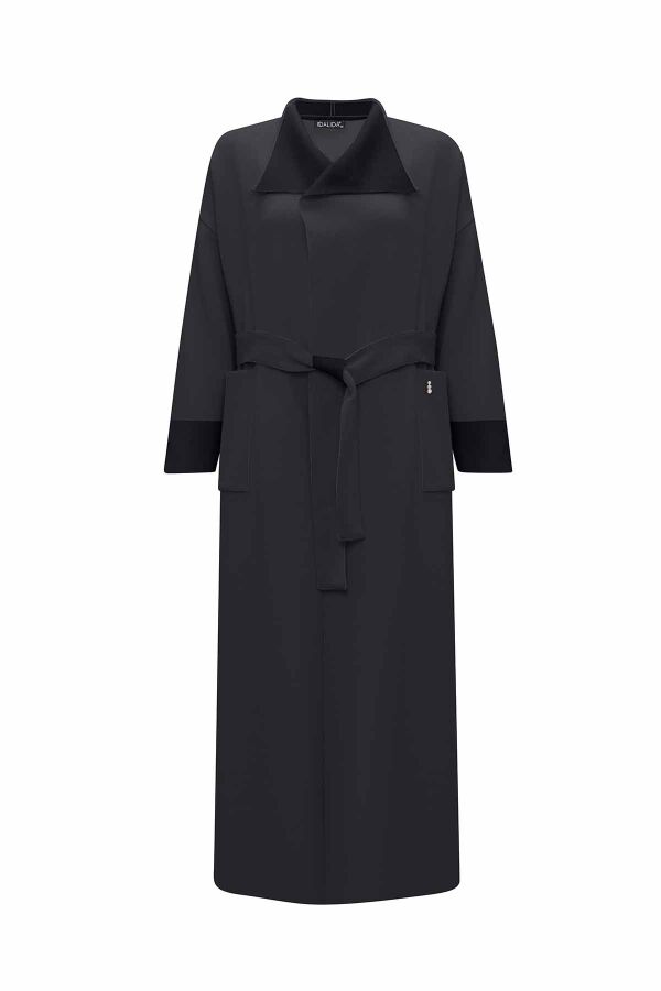 T26K-9000 Beli Kuşaklı Mendil Yaka Hırka VATE-DARK GREY - 1