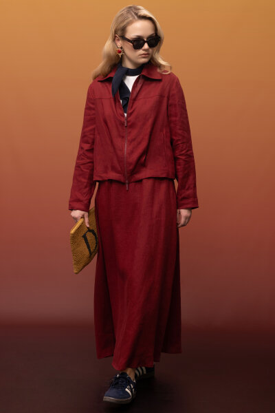 Beli Lastikli A Kesim Düz Renk Keten Etek Cherry - 2