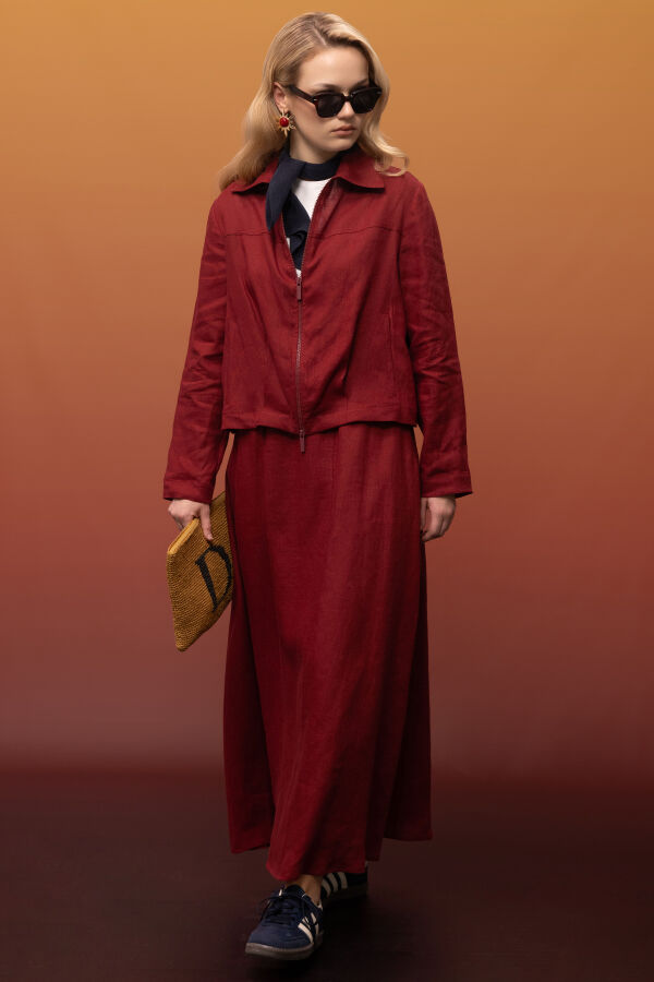 Beli Lastikli A Kesim Düz Renk Keten Etek Cherry - 2