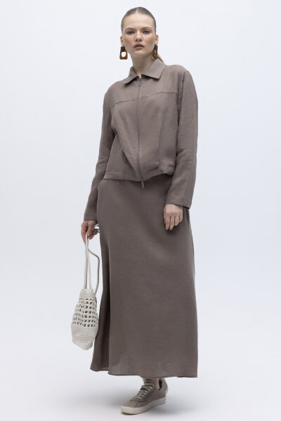 Beli Lastikli A Kesim Düz Renk Keten Etek Mink 