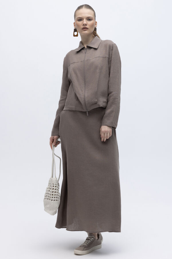 Beli Lastikli A Kesim Düz Renk Keten Etek Mink - 1