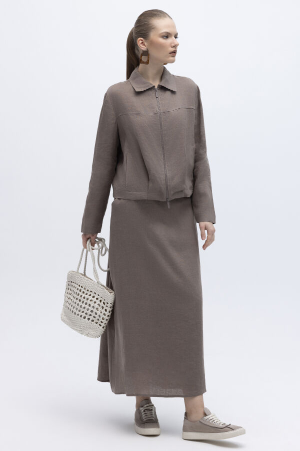 Beli Lastikli A Kesim Düz Renk Keten Etek Mink - 3