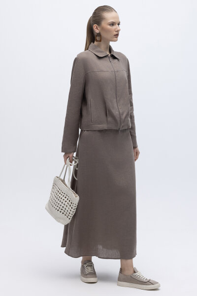 Beli Lastikli A Kesim Düz Renk Keten Etek Mink - 4