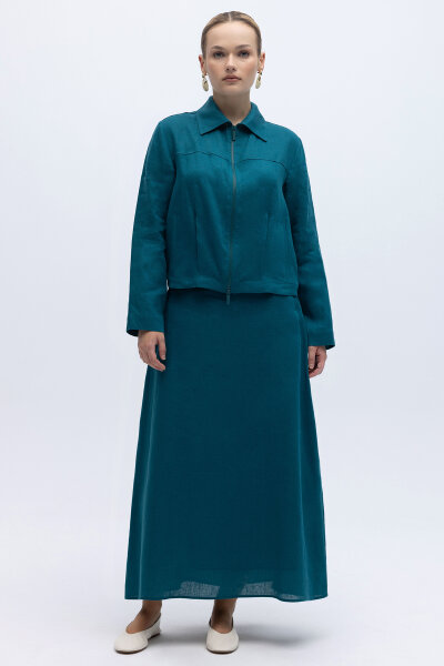 Beli Lastikli A Kesim Düz Renk Keten Etek North Sea - 2