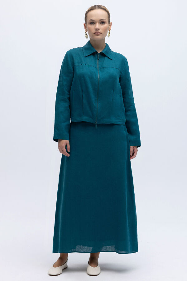 Beli Lastikli A Kesim Düz Renk Keten Etek North Sea - 2