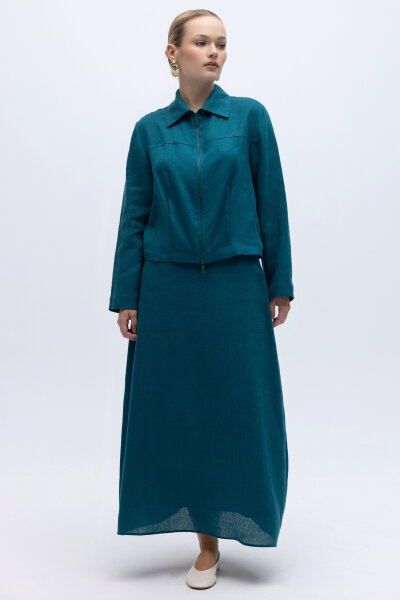 Beli Lastikli A Kesim Düz Renk Keten Etek North Sea - 3