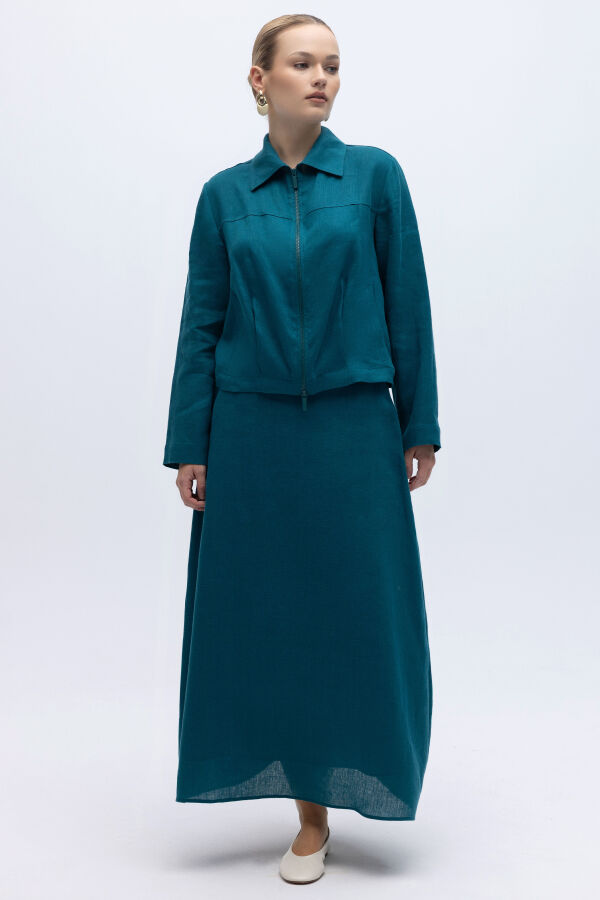 Beli Lastikli A Kesim Düz Renk Keten Etek North Sea - 3