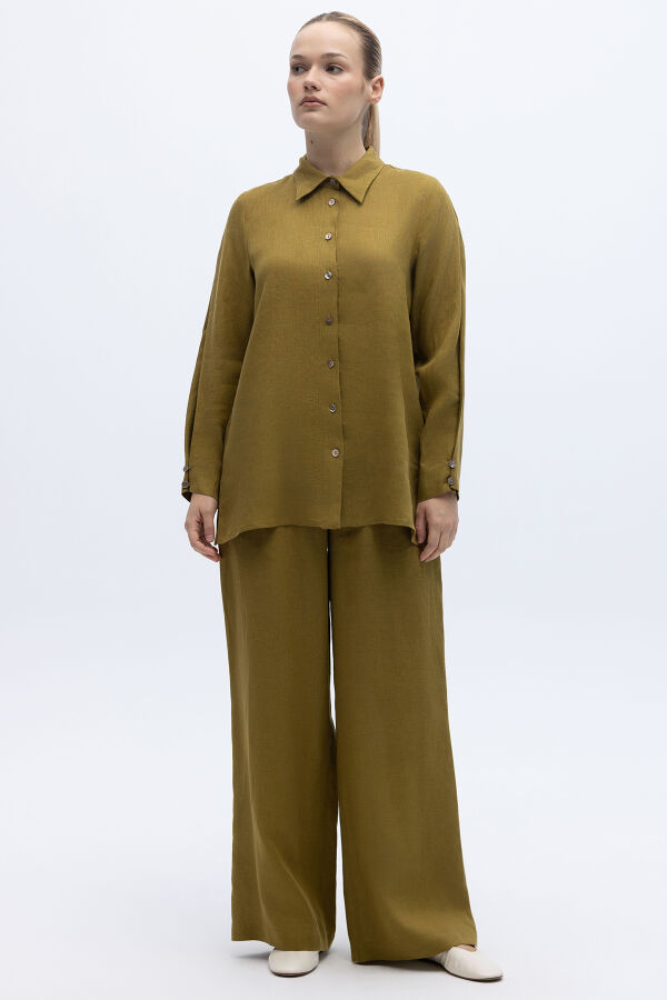 Beli Lastikli Bol Paça Keten Pantolon Amber - 3