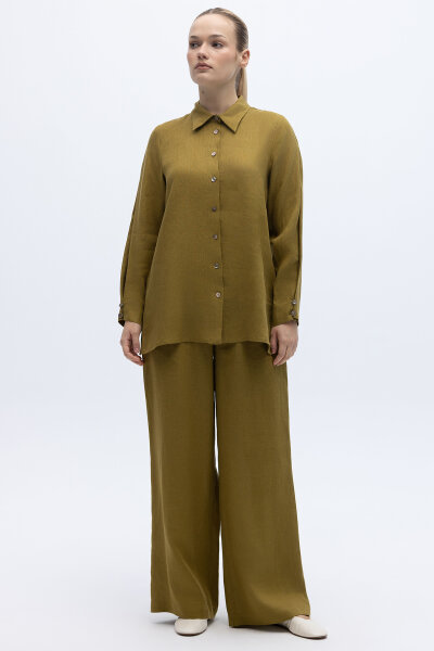 Beli Lastikli Bol Paça Keten Pantolon Amber - 2