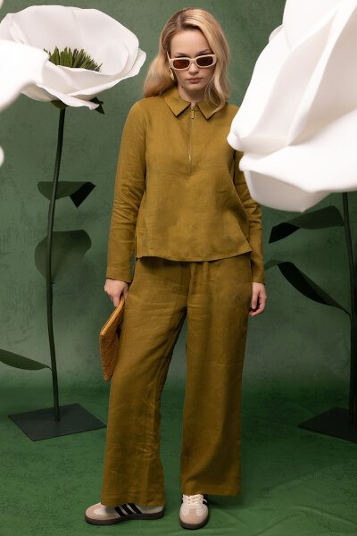 Beli Lastikli Bol Paça Keten Pantolon Amber 