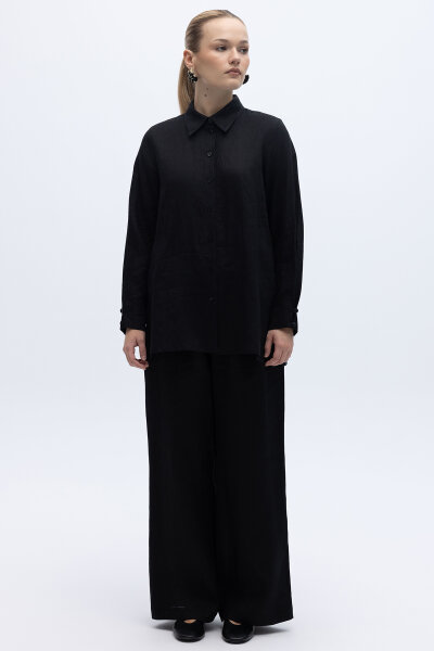 Beli Lastikli Bol Paça Keten Pantolon Siyah 