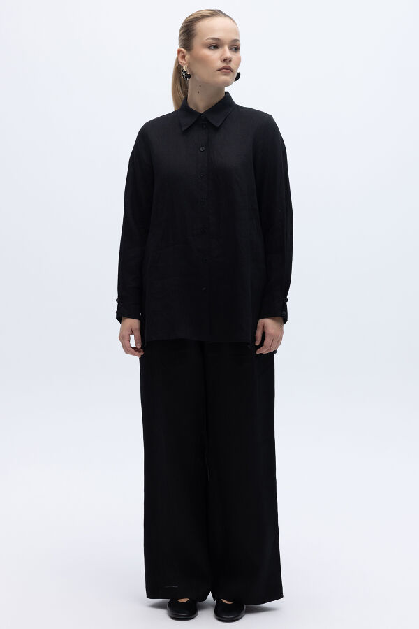 Beli Lastikli Bol Paça Keten Pantolon Siyah - 1