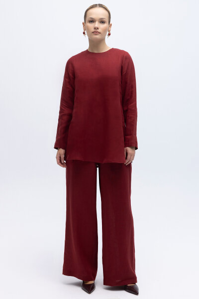 Beli Lastikli Bol Paça Keten Pantolon Cherry 