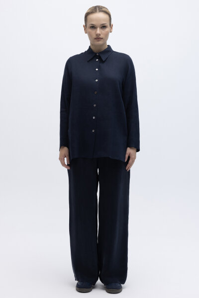 Beli Lastikli Bol Paça Keten Pantolon Lacivert 