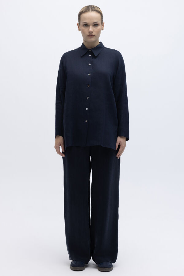 Beli Lastikli Bol Paça Keten Pantolon Lacivert - 1