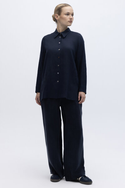 Beli Lastikli Bol Paça Keten Pantolon Lacivert - 2